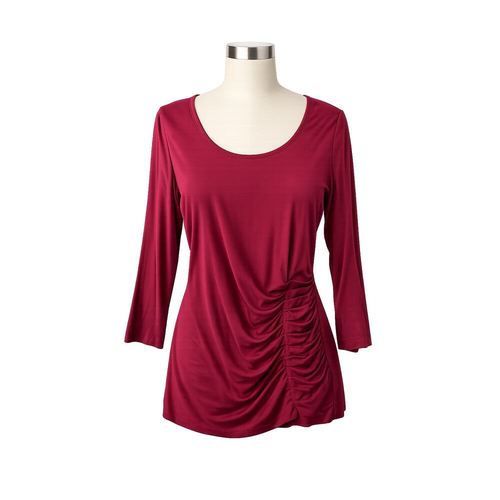 Soft Surroundings Maroon 3/4 Sleeve Scoop Neck Tee with Gathered Front–Size M